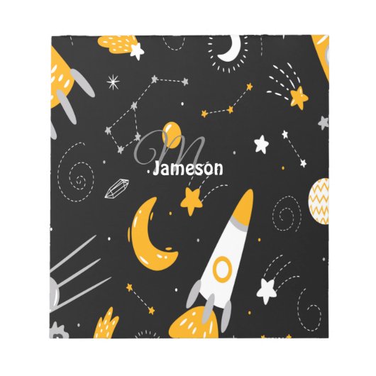 Schwarz-Gelb-Weltraum-Galaxie-Raketentext Notizblock (Vorderseite)