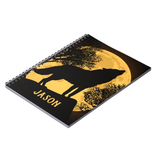 Schwarz-Gelb-Wolf und Vollmond-Notebook Notizblock (Linke Seite)