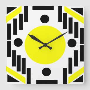 Schwarz Gelbe geometrische Mandala im Mid-Century- Quadratische Wanduhr