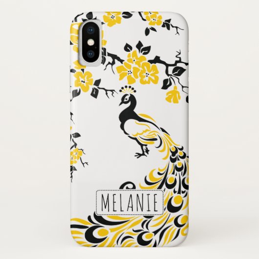 Schwarz-Gelbe Pfau & Kirschblüten Jugendstil Case-Mate iPhone Hülle (Rückseite)