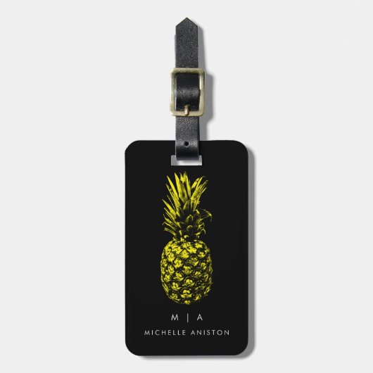 Schwarz-Gelber Ananas | Monogramm Custom Gepäckanhänger (Vorderseite vertikal)