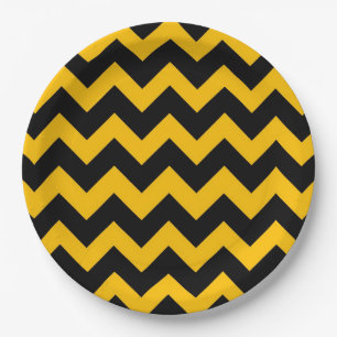 Schwarz Gelbes Chevron-Zickzack-Muster Pappteller