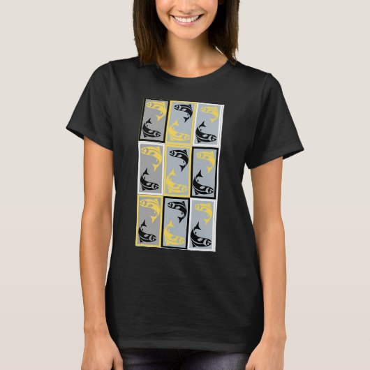 Schwarz-gelbes Fischdesignmuster T-Shirt (Vorderseite)
