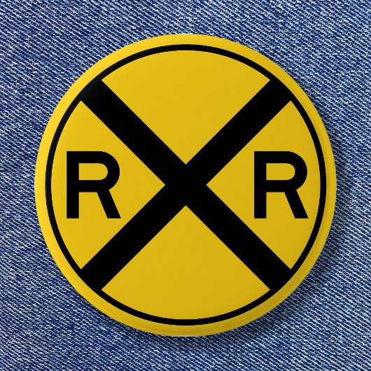 Schwarz-gelbes Warnschild Bahnübergang Button