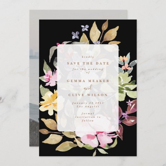 Schwarz getrocknete Wasserfarben Hochzeitskunst Fo Save The Date (Vorne/Hinten)