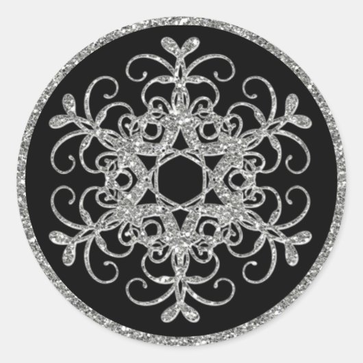 Schwarz, Glitzer sieht Snowflake Hochzeitsticker Runder Aufkleber (Vorderseite)