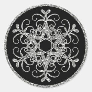 Schwarz, Glitzer sieht Snowflake Hochzeitsticker Runder Aufkleber