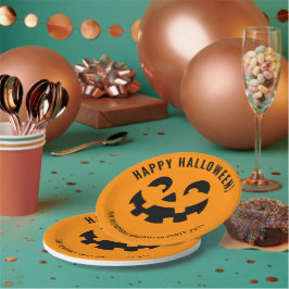 Schwarz glückliche Halloween Kürbisfaceform auf Or Pappteller