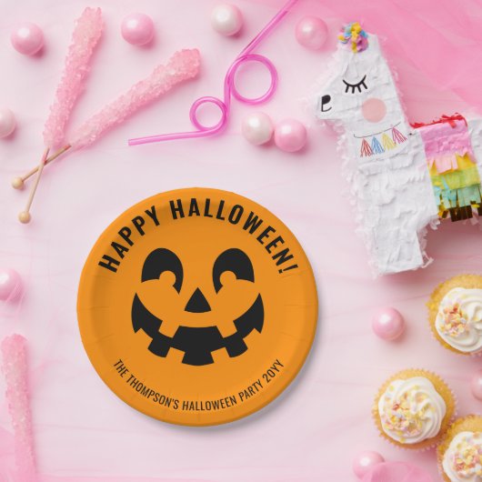 Schwarz glückliche Halloween Kürbisfaceform auf Or Pappteller (Party)