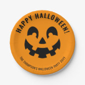 Schwarz glückliche Halloween Kürbisfaceform auf Or Pappteller (Vorderseite)