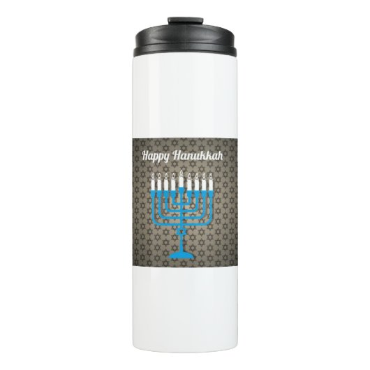 schwarz glücklicher hanukkah thermosbecher (Vorderseite)