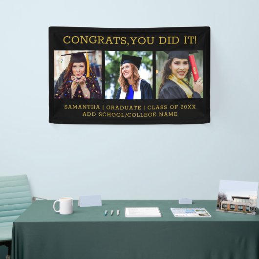 Schwarz-Gold 3 Foto Collage Glückwunschs Grad 2025 Banner (Messeveranstaltung)