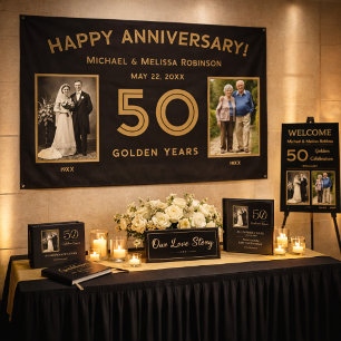 Schwarz & Gold 50. Hochzeitsjubiläums-Fotobanner Banner