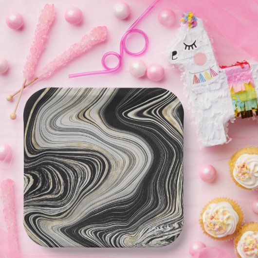 Schwarz-Gold-Agate-Design Pappteller (Party)