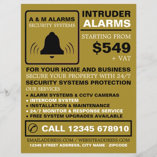 Schwarz-Gold-Alarm-Logo, Sicherheitsalarm-Service Flyer (Vorne)