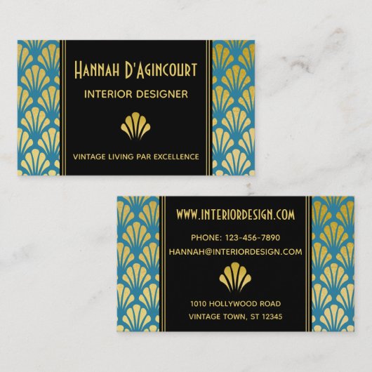 Schwarz, Gold, Aquamarines Art Déco Fans Muster Ch Visitenkarte (Vorne/Hinten)