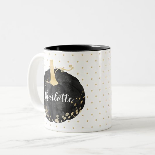 Schwarz-Gold-Aquarell-Monogram-Kürbis Halloween Zweifarbige Tasse (Vorderseite Links)