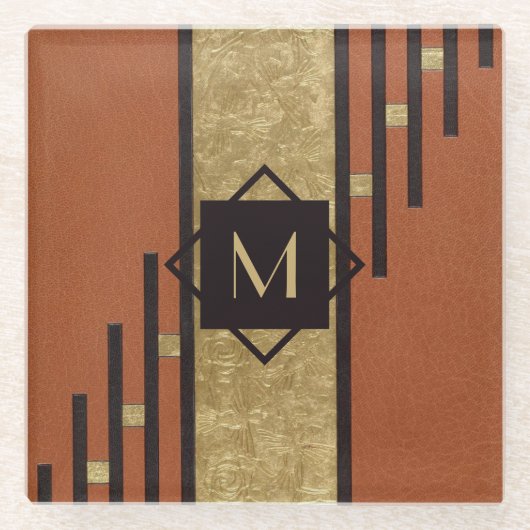 Schwarz & Gold Art Deco Custom Monogram Glasuntersetzer (Vorderseite)