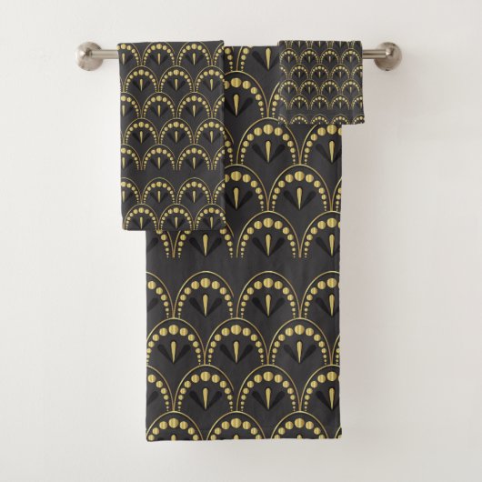 Schwarz-Gold Art Deco-Muster Badhandtuch Set (Insitu)