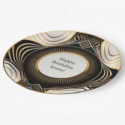 Schwarz-Gold-Art-Deco-Teller Personalisiert Pappteller (Schrägansicht)