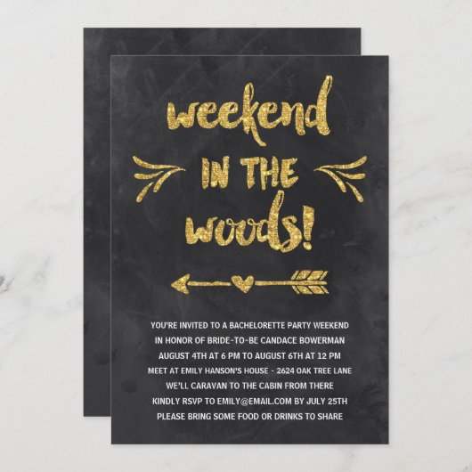 Schwarz-Gold Bachelorette Wochenendkabine Einladung (Vorne/Hinten)