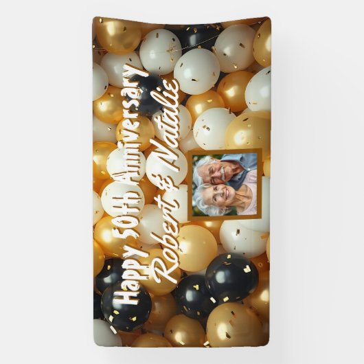 Schwarz-Gold-Ballons | Personalisierter Jahrestag Banner (Vertikal)