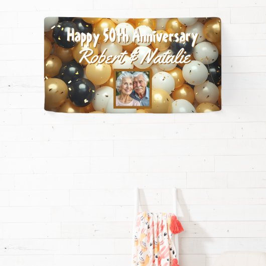 Schwarz-Gold-Ballons | Personalisierter Jahrestag Banner (InSitu)