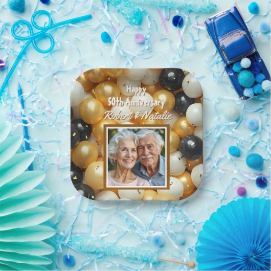 Schwarz-Gold-Ballons | Personalisierter Jahrestag Pappteller (Party)