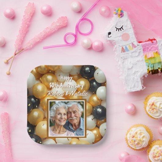 Schwarz-Gold-Ballons | Personalisierter Jahrestag Pappteller (Party)