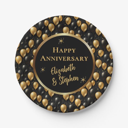 Schwarz | Gold Balloons glücklicher Jahrestag Pappteller (Vorderseite)