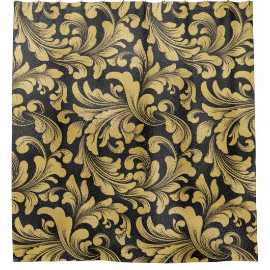 Schwarz-Gold-Barock-Damastmuster Duschvorhang (Vorderseite)