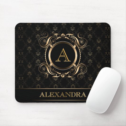 Schwarz-Gold-Barock-Rahmen-Design-Monogramm Mousepad (Mit Mouse)