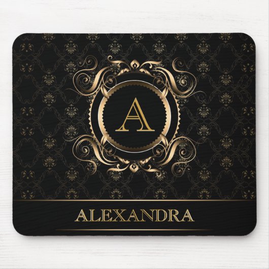 Schwarz-Gold-Barock-Rahmen-Design-Monogramm Mousepad (Vorne)