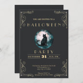 Schwarz-Gold-Black-Cat-Moon Halloween Einladung (Vorne/Hinten)