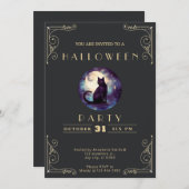 Schwarz-Gold-Black-Cat-Moon Halloween Einladung (Vorne/Hinten)