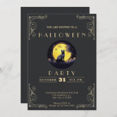 Schwarz-Gold-Black-Cat-Moon Halloween Einladung (Vorne/Hinten)