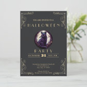 Schwarz-Gold-Black-Cat-Moon Halloween Einladung (Stehend Vorderseite)