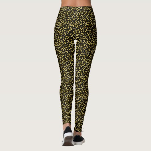 Schwarz-Gold-Blätter Nahtloses Muster Leggings (Rückseite)