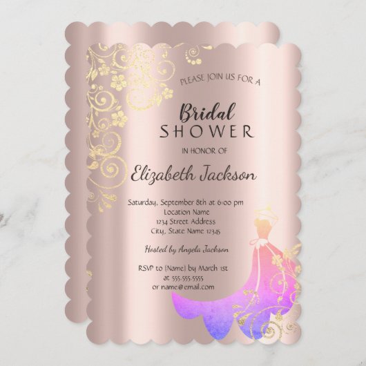 Schwarz, Gold Blume Dress Rose Gold Brautparty Einladung (Vorne/Hinten)