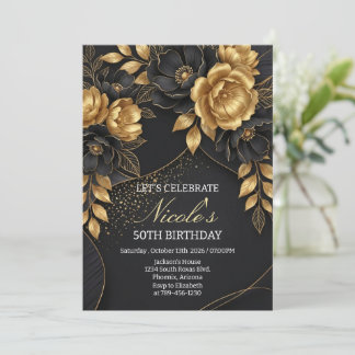 Schwarz & Gold Blumen 50. Geburtstag Einladung