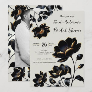 Schwarz & Gold Blumen Greige-Brautparty Einladung
