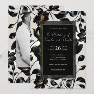 Schwarz & Gold Blumen Greige Hochzeit Einladung