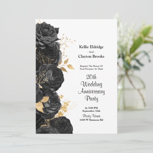 Schwarz-Gold-Blumen-Hochzeitstag-Party Einladung (Stehend Vorderseite)
