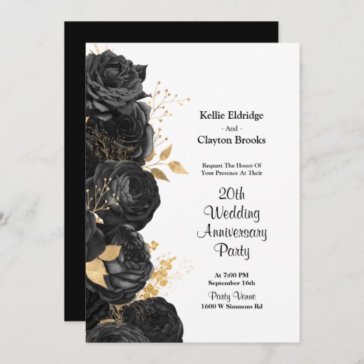 Schwarz-Gold-Blumen-Hochzeitstag-Party Einladung (Vorne/Hinten)