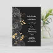 Schwarz-Gold-Blumen-Hochzeitstag-Party Einladung (Stehend Vorderseite)