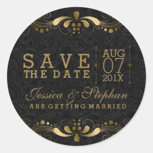 Schwarz-Gold-Blumen-Spitze Save the Date Runder Aufkleber