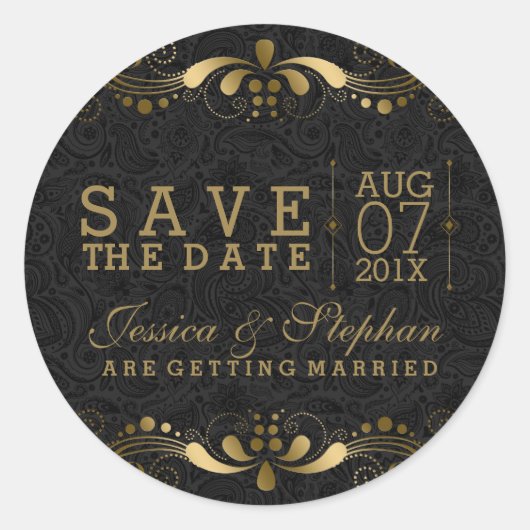 Schwarz-Gold-Blumen-Spitze Save the Date Runder Aufkleber (Vorderseite)