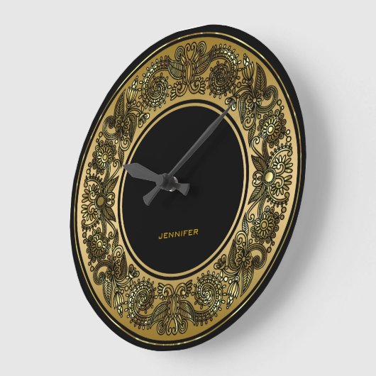 Schwarz-Gold-Blumendesign Große Wanduhr (Winkel)