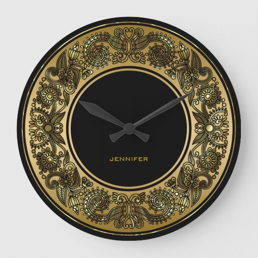 Schwarz-Gold-Blumendesign Große Wanduhr (Vorderseite)