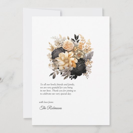 Schwarz-Gold-Blumenhochzeit Dankeskarte (Rückseite)